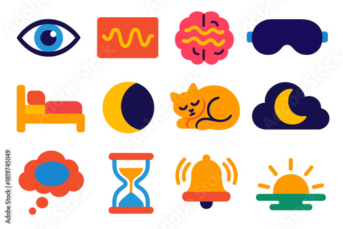 Sleep Stages Icons. Flat vector icons of Sleep Stages: REM eye movement, slow wave pattern, brainwaves, sleep mask, bed, moon