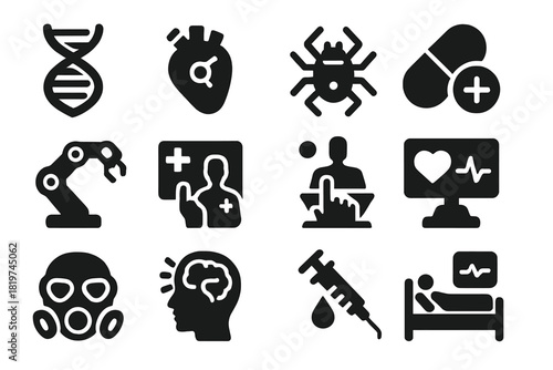 Future Medicine Icons. Solid style icons of Future Medicine: Genetic Helix, Artificial Organ, Nanobot, Healing Capsule, Robotic