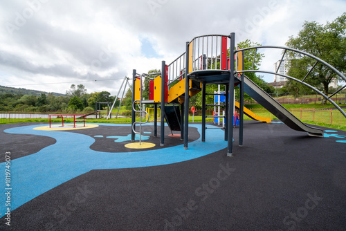 Children's playground at Durrockstock Park - Local Nature Reserve. Scotland, UK. Children and families can now enjoy the area at Park, which has a host of accessible and inclusive facilities. 