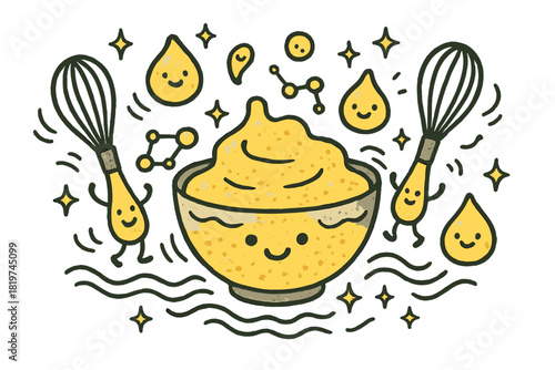 Whimsical Sauce Animation. Magical doodle emulsified sauce with smiling droplets, cartoon whisks spinning cheerfully, tiny happy