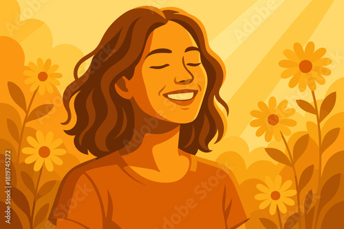 Sunlit Smiling Portrait. Portrait of a smiling woman basking in golden sunlight with flowers in the background, serene and warm