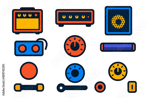 Guitar Amplifier Icons. Flat vector icons of Guitar Amplifiers: combo amp, amp head, speaker cabinet, footswitch pedal, gain knob,