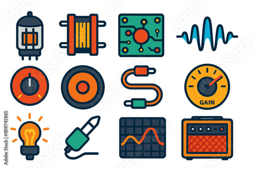 Analog Amplifier Icons. Flat vector icons of Analog Amplifier: vacuum tube, audio transformer, circuit board, sound wave, power
