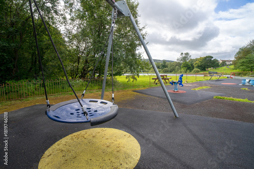Children's playground at Durrockstock Park - Local Nature Reserve. Scotland, UK. Children and families can now enjoy the area at Park, which has a host of accessible and inclusive facilities. 