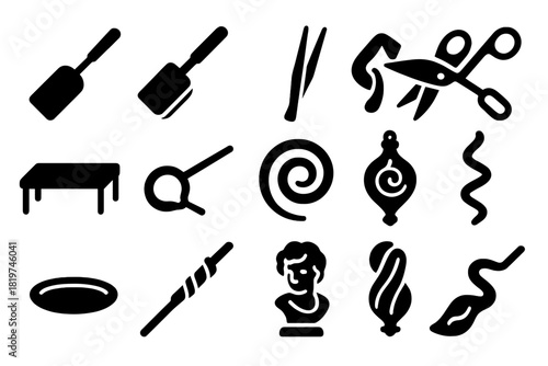 Molten Glass Sculpting Icons. Solid style icons of sculpting with molten glass: shaping paddle, wooden block tool, steel tweezers,