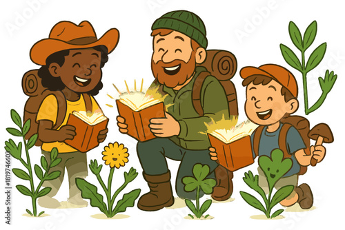 Foraging Adventure. Foraging adventure with happy explorers, glowing guidebooks, and plants waving to show they are safe to eat No