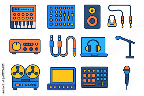 Studio Setup Icons. Flat vector icons of Studio Setup: synthesizer rack, mixing desk, monitor speaker, audio interface, patch
