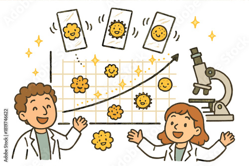 Cheerful Fossil Pollen Exploration. Adorable doodle fossil pollen mapping with cheerful grains, cartoon microscope slides bouncing