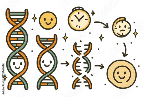 Cheerful DNA Timeline. Cute doodle DNA degradation timeline illustration with cheerful DNA strands, cartoon clocks with faces,
