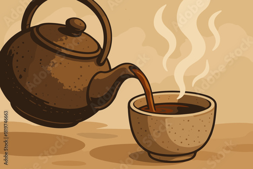 Rustic Tea Moment. Close-up of a rustic teapot pouring steaming tea into a ceramic cup, soft natural lighting, inviting and vector