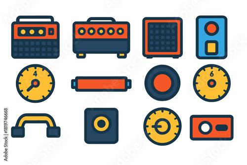 Guitar Amplifier Icons. Flat vector icons of Guitar Amplifiers: combo amp, amp head, speaker cabinet, footswitch pedal, gain knob,