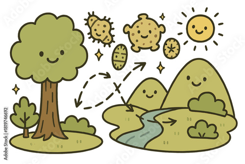 Playful Paleoecology Doodle. Playful doodle paleoecology scene with happy trees, cartoon fossil pollen floating, cheerful