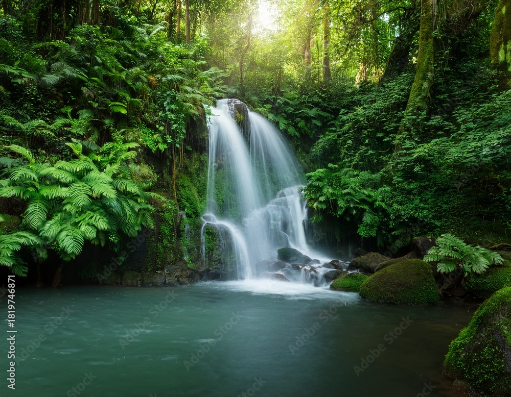 Obraz premium serene waterfall cascading over lush greenery natural irrigation in a vibrant forest