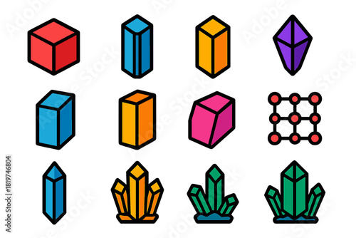 Colorful Crystal Icons. Flat vector icons of Crystal Structures: cubic crystal, hexagonal prism, tetragonal shape, trigonal