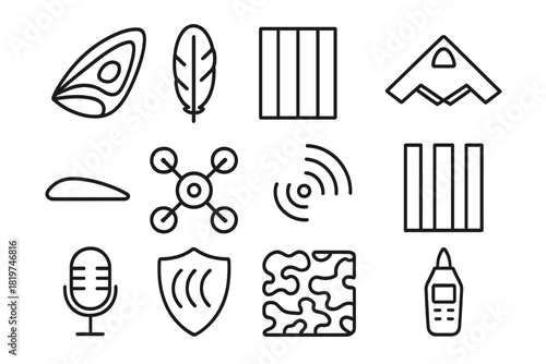 Acoustic Engineering Symbols. Line style icons of Acoustic Engineering: Moth Wing, Owl Feather, Sound Dampening, Stealth Device;