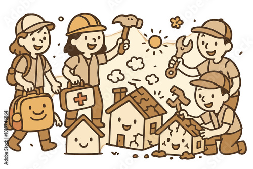 Cheerful Disaster Volunteers. Cute doodle disaster recovery volunteers with smiling backpacks, cheerful first aid kits, and