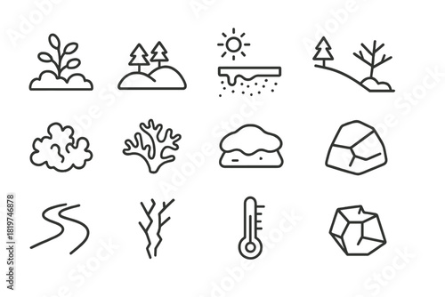 Permafrost Monitoring Icons. Line style icons of Permafrost Monitoring: Shrub Growth, Tundra, Melting Permafrost, Changing