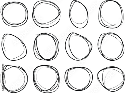 Hand drawn circle and oval shapes in a variety of styles and orientations
