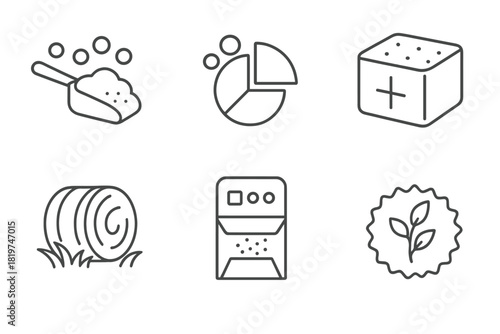 Animal Nutrition Icons. Line style icons of Animal Nutrition Management: feed ration icon, balanced nutrient pie chart, mineral