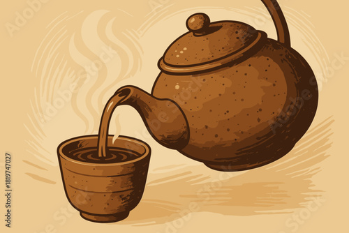 Rustic Tea Moment. Close-up of a rustic teapot pouring steaming tea into a ceramic cup, soft natural lighting, inviting and vector