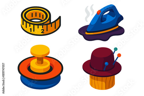 Hatmaking Process Icons. Isometric vector illustration set Hatmaking Process: Measuring tape coiled, felt being steamed, brims