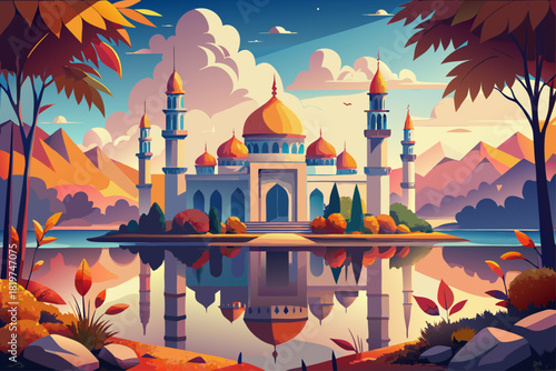 Aram Mosque reflecting the calm water under the autumn leaves and misty horizon, a calm architectural landscape with seasonal colors, a calm spiritual atmosphere and a harmonious cultural scene at sun