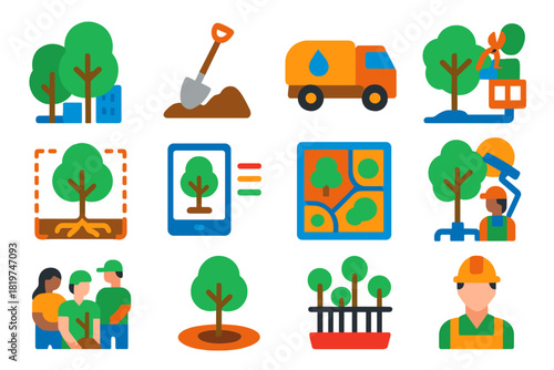 Urban Forestry Icons. Flat vector icons of urban forestry management: city park trees, tree planting shovel, watering truck, root