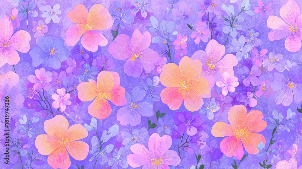 Fototapeta premium Vibrant overlay of assorted blossoms features striking purple and pink coloration