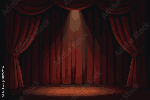 Dramatic Red Curtains. Theater stage with vector illustration rich red curtains under dramatic spotlighting, moody and elegant