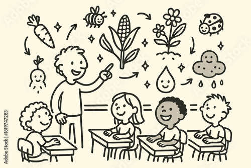 Whimsical Ecological Farming. Whimsical doodle ecological farming classroom with happy students, cartoon crop diagrams floating,