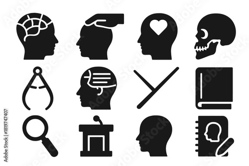 Phrenology Icon Set. Solid style icons of Phrenology: porcelain head map, bump reading, character trait, 19th century science,