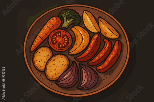 Colorful Roasted Vegetables. Rustic plate filled with colorful roasted vegetables on a dark textured surface, warm and inviting