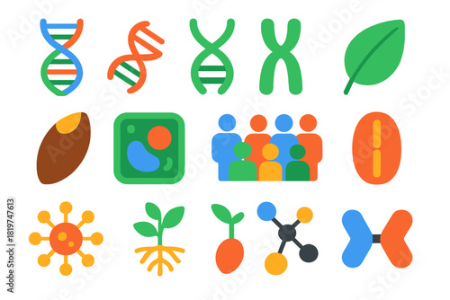 Ecological Genetics Icons. Flat vector icons of ecological genetics concepts: DNA helix, gene, chromosome, leaf, seed, plant cell,