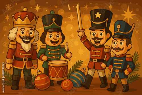 Festive Nutcracker Display. Playful group of wooden nutcracker figurines vector illustration arranged on a festive table,