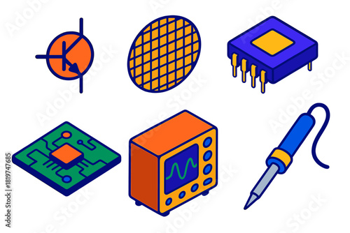 Transistor Revolution Icons. Isometric vector illustration set The Transistor Revolution: transistor symbol, silicon wafer,