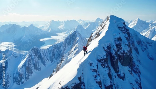 A lone climber ascends a snow-covered Alaskan mountain peak, the vast wilderness stretching out below The challenging climb is evident in the steep, icy terrain , expedition, environment