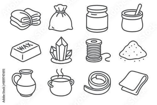 Artisan Material Icons. Line style icons of artisan materials: rag bundle, fiber sack, jar of pigment, glue pot; wax block, alum