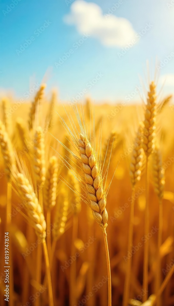 Fototapeta premium A close-up shot of a vibrant, sun-baked field of golden wheat, shimmering with heat haze under a bright summer sky The intense heat radiates from the dry, parched earth , nature, bright, sun