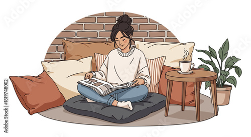 Cozy home reading, a relaxing moment surrounded by cushions and a warm drink