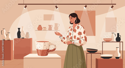 Woman contemplating artistic ceramics in a gallery setting under display lights