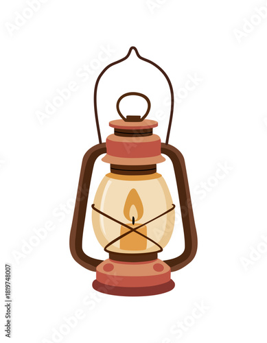 Vintage kerosene lantern with glowing flame, brown metal frame, and amber glass. Minimalist flat vector illustration isolated on transparent background in a rustic style.