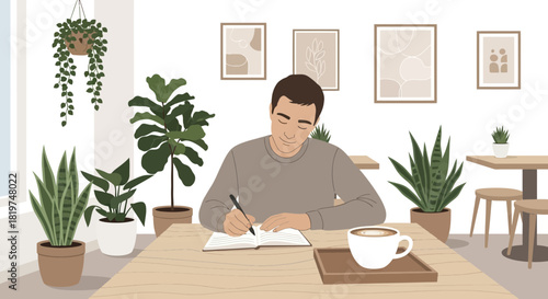 Man immersed in reflective journaling with calming coffee amidst indoor plants