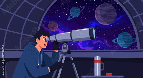 Enthusiastic stargazer pursuing celestial wonders through observatory telescope