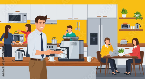 Busy office kitchen scene featuring colleagues multitasking during break time