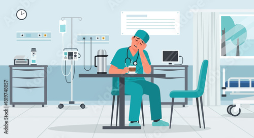 Exhausted Healthcare Worker Taking a Break in Hospital Room During Long Shift