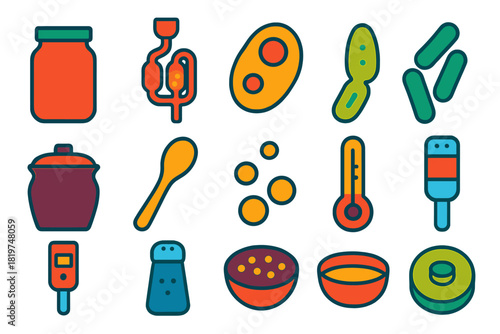 Fermentation Essentials Icons. Flat vector icons of fermentation basics: glass jar, bubbling airlock, yeast cell, lactic acid