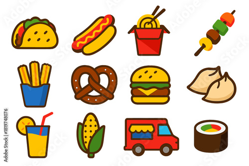 Vibrant Street Food Icons. Flat vector icons of Street Food Market: taco, hot dog, noodle box, kebab skewer, churros, pretzel,