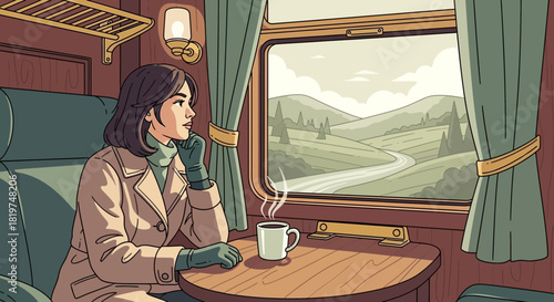 Nostalgic journey: woman gazing out the train window with scenic view