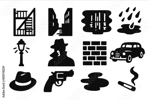 Noir City Icons. Solid style icons of Noir Cityscape: Fire Escape, Alleyway, Neon Reflection, Rain, Streetlamp, Shadowed Figure,