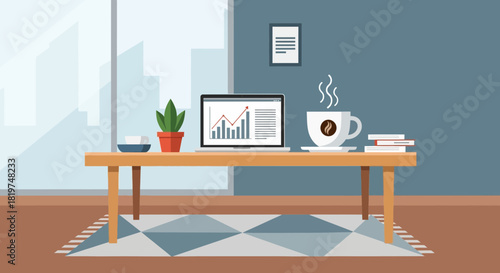 Cozy workspace featuring laptop with graph, coffee, and indoor plant